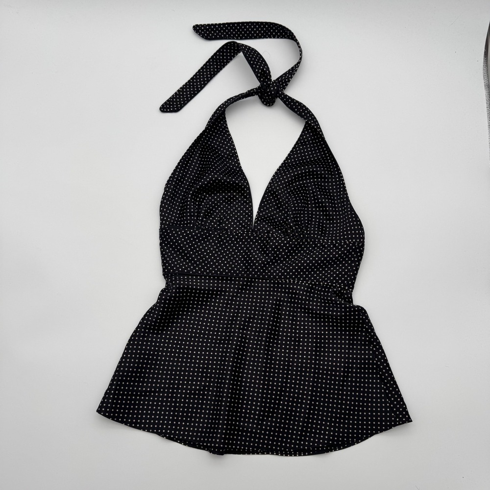 J.Crew Black Gold Polka Dot 100% Silk Halter Top Peplum Deep V-Neck Size 0‎ XS